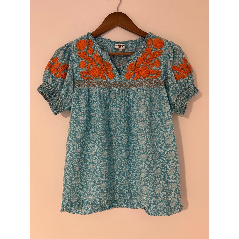 Ivy Jane Sister Mary XS 100% Cotton Blue White Floral Embroidered Orange Blouse